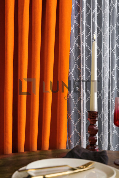 LUNETT HOME Orange Color Island Velvet Medium Pleated (1X2.5) Pleated Background Curtain Single Wing V9250