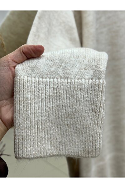 MİHRA STORE Finlayah Kol Ucu Ve Altı Corded Fabric Düz Oversized Knitwear Sweater-Kr5049 Stone