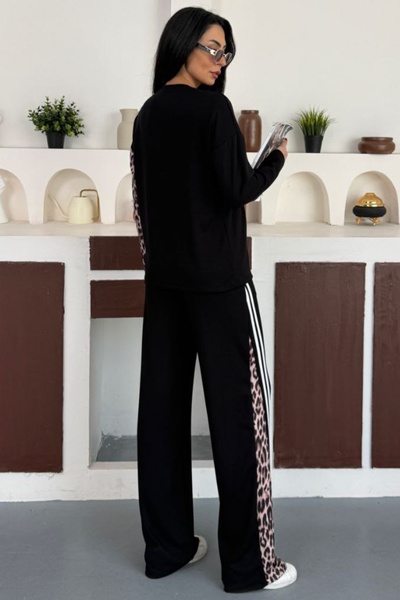 Ded COLLECTION Women's Cross Leopard Pattern and White Striped Detail Modal Sport Stylish Set