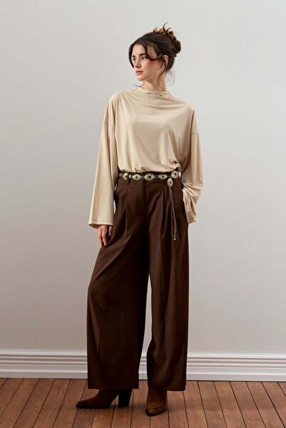 Ceylan Otantik Beige Jersey Blouse & Bitter Brown Pleated Detail Palazzo Pants