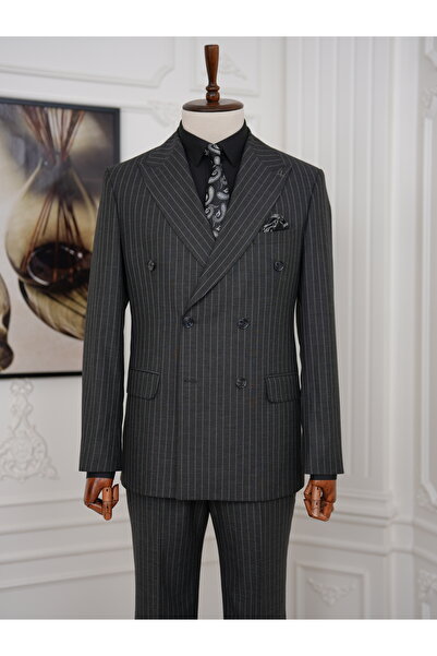 LONATOLİA Men's Slim Fit Italian Style Half Lined Striped K Double-Breasted S...