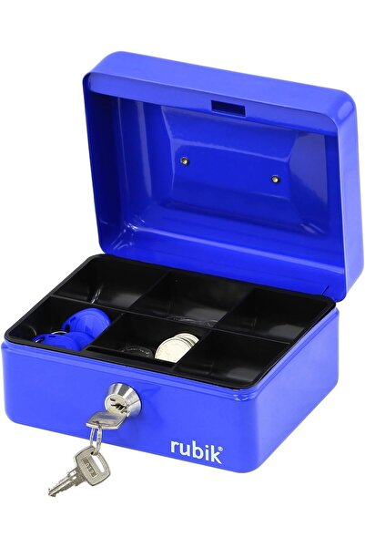 RUBIK صندوق نقود صغير من الفولاذ مع صينية وقفل مفتاح (15 × 12 × 7.5 سم) - أزرق