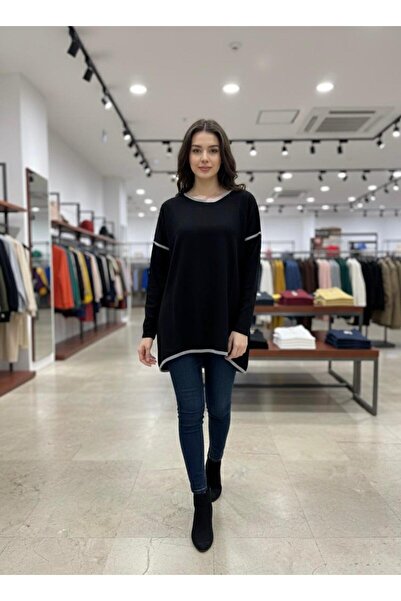 Cockatoo Women's Beige Brown Piped Asymmetrical Cut Soft Textured Crew Neck Knitted Tunic & Blouse