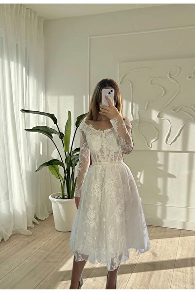 Büşrayla Moda Kayık Yaka Transparan Dantelli Abiye Elbise