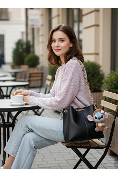 Livenda Fularlı Siyah, 3 Bölmeli El Kol Ve Omuz Çantası, Zincir Askılı, Stich...