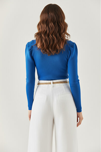 evolise Square Neck Princess Sleeve Ribbed Knit Blouse - Cobalt Blue