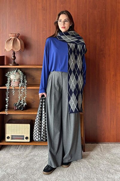 Ceylan Otantik Cobalt Blue Jersey Blouse & Anthracite Pleated Detail Palazzo Pants