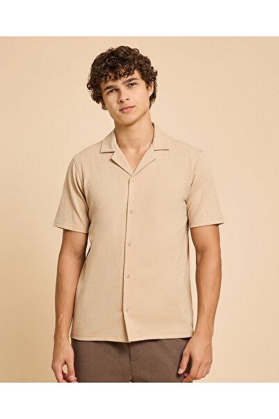 R&B Textured Shirt With Revere Collar And Short Sleeves