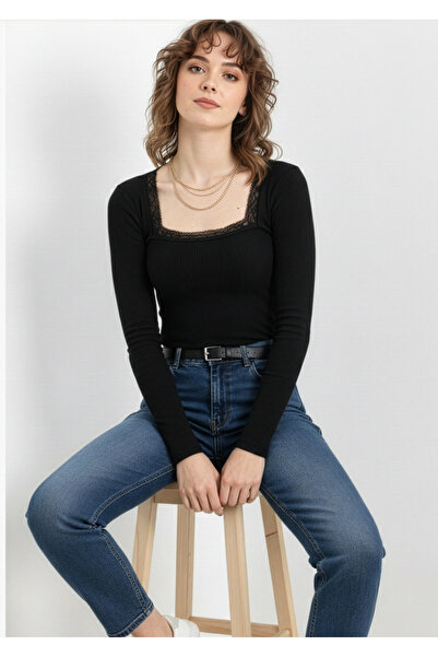 Giyimodam Square Neck Lace Ribbed Knit Blouse - Black