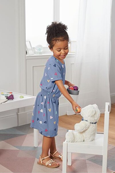 Tchibo فستان قصير بأكمام قصيرة مطبوع للفتيات الصغيرات، أزرق سماوي