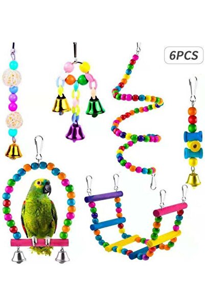 Primo Plus 6-Piece Bird Swing Chewing Toy Set With Hammock Bell Multicolour 21 x 6cm