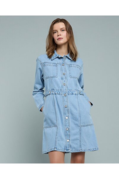 R&B Washed Denim Shirt Dress With Long Sleeves