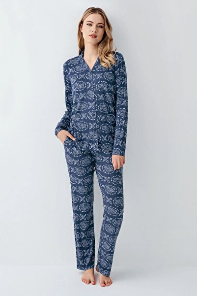 ROZELT Women's Blue Pocket Shirt Collar Casual Pajama Set