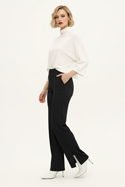 evolise Black Crepe Fabric High Waist Wide Leg Women's Trousers