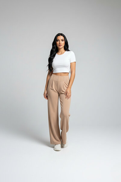 buğrahayalin Women's High Waist Pencil Wide Leg Crepe Palazzo Pants – Beige