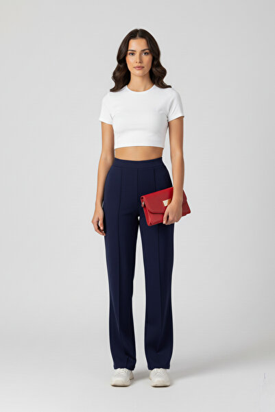 buğrahayalin Women's Modal piped High Waist Elastic Waist Wide Leg Trousers - Navy Blue