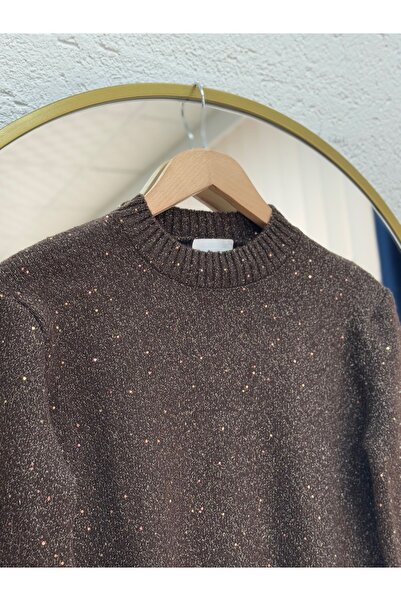 MİHRA STORE Fasma Sequin Glitter Short Knit Sweater-Zi̇5591 Brown