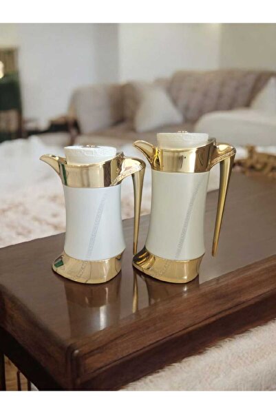 Alsaif Gallery Two luxurious thermos sets in white and gold – for storing coffee and tea, 750ml and 1 liter capacities