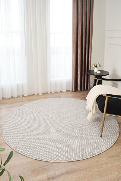 Livset Yumuşak Bukleli Krem Gri Yuvarlak Halı Oturma Odası Salon Mutfak Korid...