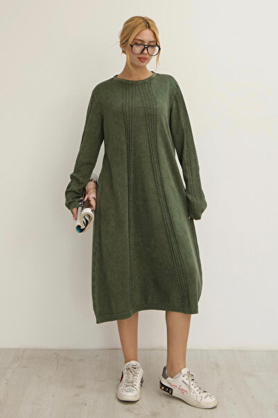 AYASOFYA OTANTIK Women's Khaki Round Neck Patterned Pocketed Vintage Loose Cotton Knit Midi Dress