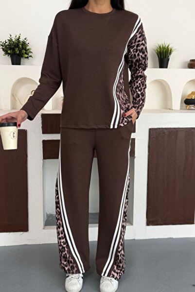 Ded COLLECTION Women's Cross Leopard Pattern and White Striped Detail Modal Sport Stylish Set
