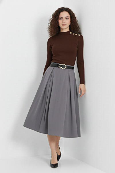 buğrahayalin Gold Buttoned Turtleneck Corded Fabric Ribbed Knit Blouse – Brown