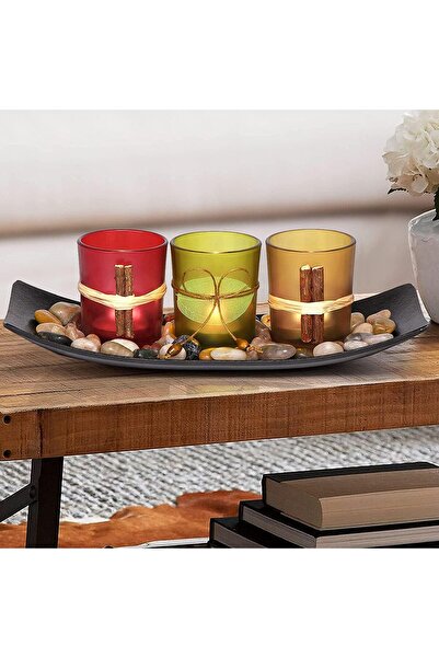 ANGJU Candle Holders Tray Rocks - Natural Votive Tealight Set of 3 with Woode...