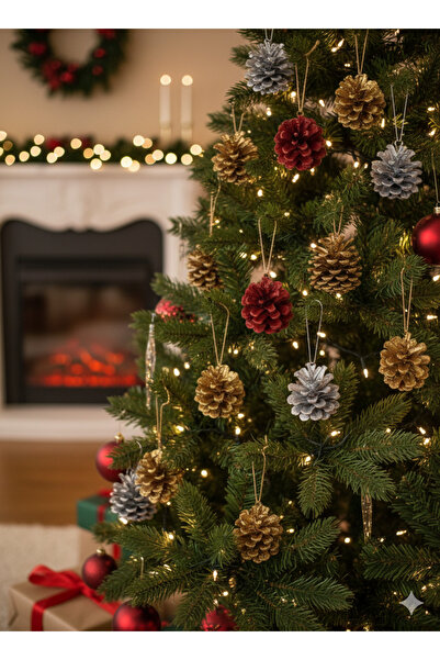 DODOMAR (Neacoperit) Set de 10 conuri naturale brute – Ornament pentru activități de Crăciun cu șir de culoare aurie argintie