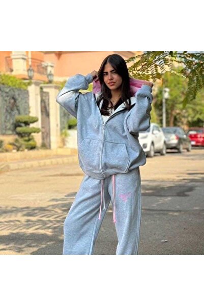 HİKABOUTİQUE ✨ Women’s Oversized 2-Piece Tracksuit – Grey & Pink Hoodie Set✨