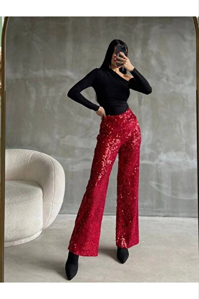 Marbella Women's Red Sequin Stylish New Year Special Day Stylish Sequin Pants