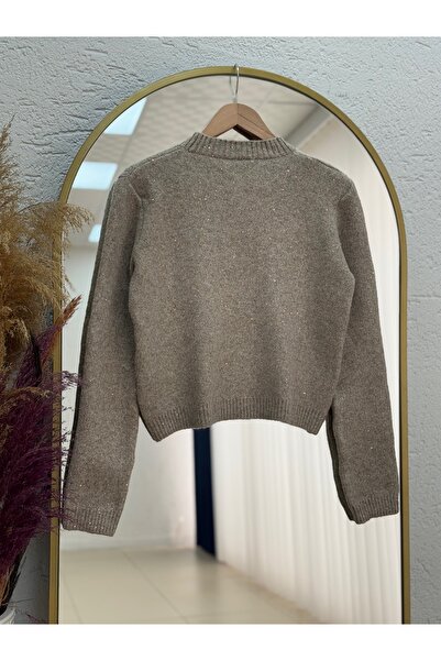 MİHRA STORE Fasma Sequin Glitter Short Knit Sweater-Zi̇5591 Mink