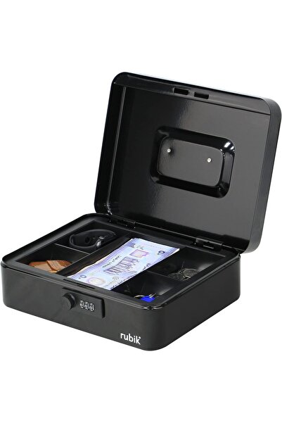RUBIK صندوق نقود كبير مع صينية وقفل رقمي (25 × 20 × 9 سم) - أسود