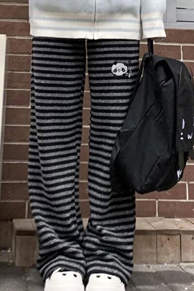 Karakedi Cute Panda Detailed Striped Black Smoked Straight Sweatpants