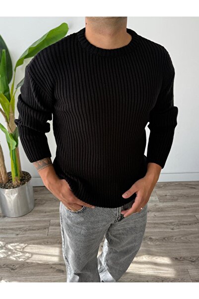 Tarz Cool Men's Black Regular Crew Neck Knitwear Sweater