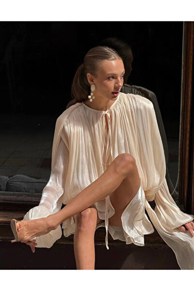 Bak Moda Φόρεμα βάτα τεμαχίων από τούλι ζακάρ κρεμ