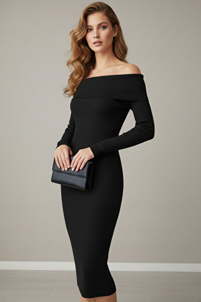 Hsc bilişim Women's Black Madonna Collar Long Dress