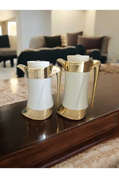 Alsaif Gallery Two luxurious thermos sets in white and gold – for storing coffee and tea, 750ml and 1 liter capacities