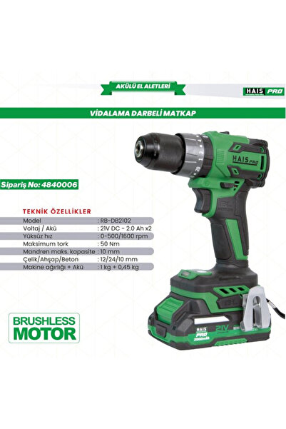 hais pro HAISPRO AKÜLÜ VİD.MATK.DARBELİ 21V 2.0AH RB-DB2102