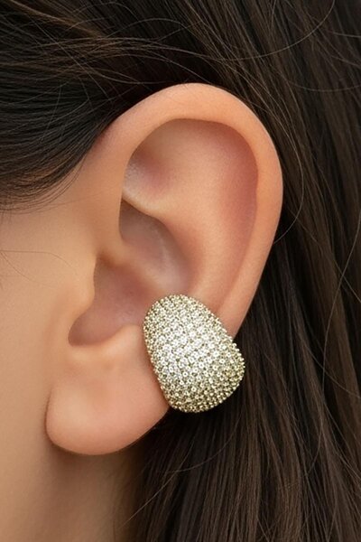 TAKIŞTIR Altın Renk Taş Detaylı 14K Altın Kaplama TX Ear Cuff (Tek)