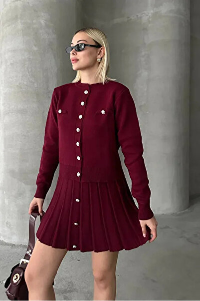 buğrahayalin Жіночий трикотажний міні-спідниця та кардиган – бордовий