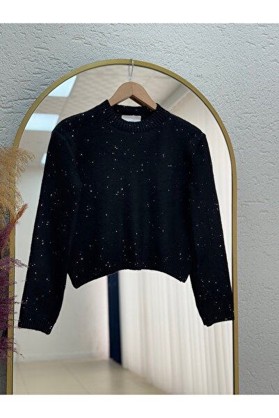 MİHRA STORE Fasma Sequin Glitter Short Knit Sweater-Zi̇5591 Black