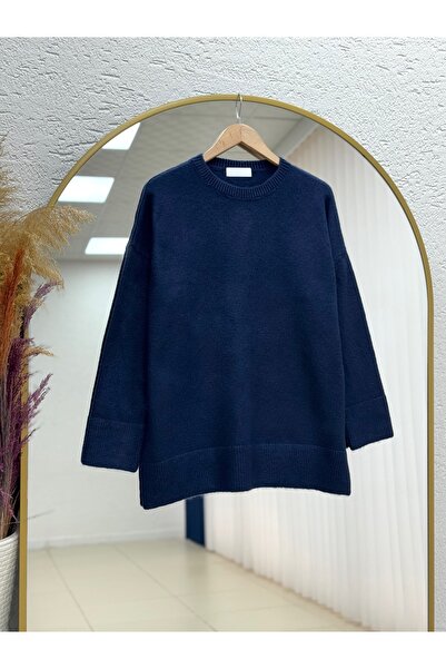 MİHRA STORE Finlayah Kol Ucu Ve Altı Corded Fabric Düz Oversized Knitwear Sweater-Kr5049 Navy Blue
