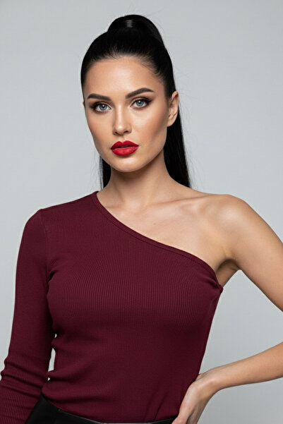 MODANI SEÇ Burgundy One Shoulder Long Sleeve Ribbed Knit Women Blouse