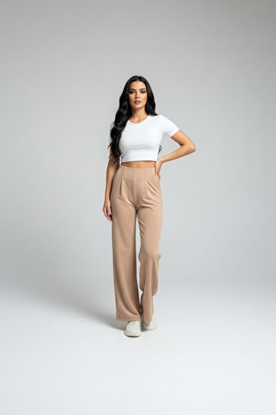 buğrahayalin Women's High Waist Pencil Wide Leg Crepe Palazzo Pants – Beige
