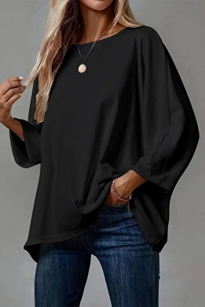 Mossta Relaxed Fit Wide Crew Neck Viscose Blouse - Black