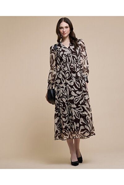 R&B فستان ميدي مطبوع برقبة على شكل حرف V وأكمام منفوخة