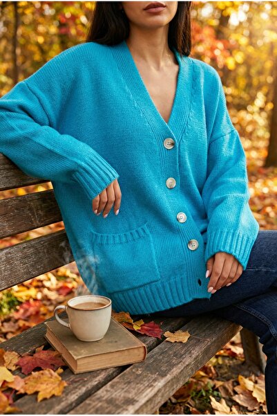 FEMELLE Turquoise Double Pocket Buttoned Off Shoulder Standard Size Oversized Knitwear Cardigan