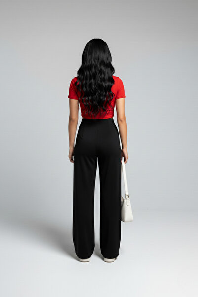 buğrahayalin Women's High Waist Pencil Wide Leg Crepe Palazzo Pants – Black