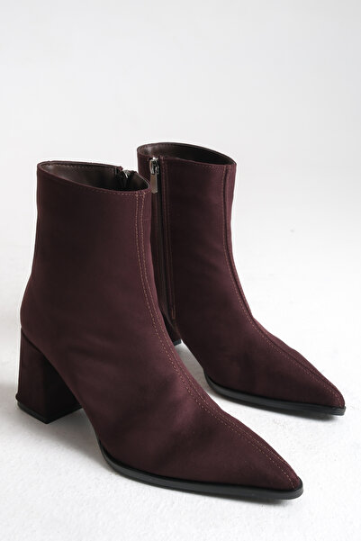 Ayakkabı Delisiyim Γυναικείες μπότες από μπορντό σουέντ με μυτερή μύτη, αντιολισθητική σόλα με φερμουάρ και χοντρό τακούνι Astrid