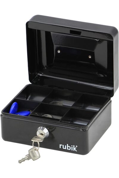 RUBIK صندوق نقود صغير من الفولاذ مع صينية وقفل، 15×12×7.5 سم، أسود
